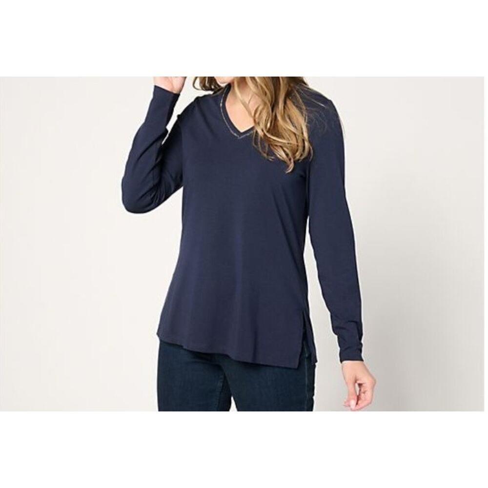 Jingle Belles Kim Gravel 1X Navy Luxe Knit Sparkle V-Neck Top A670895 NWOT